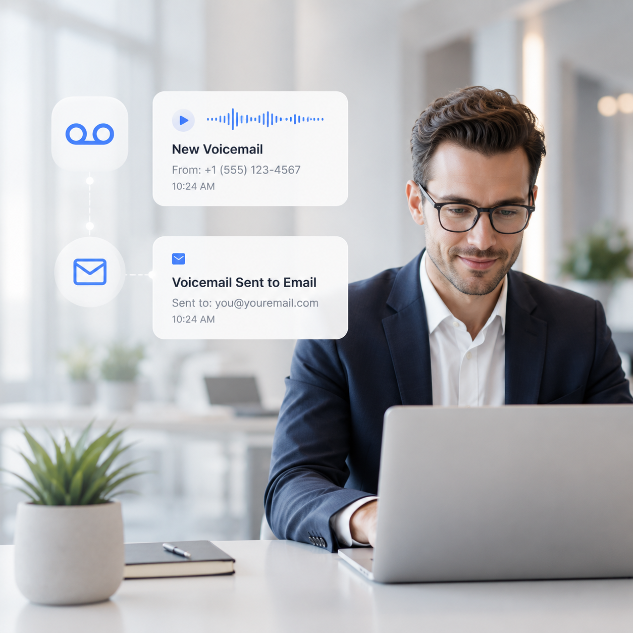 Voicemail to email delivery and missed call notification
